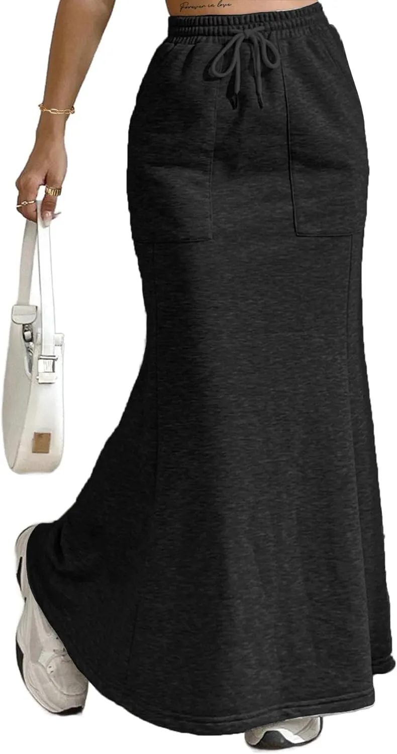 Avanova Women High Waisted Mermaid Skirt Drawstring Pocket Maxi Long Skirt