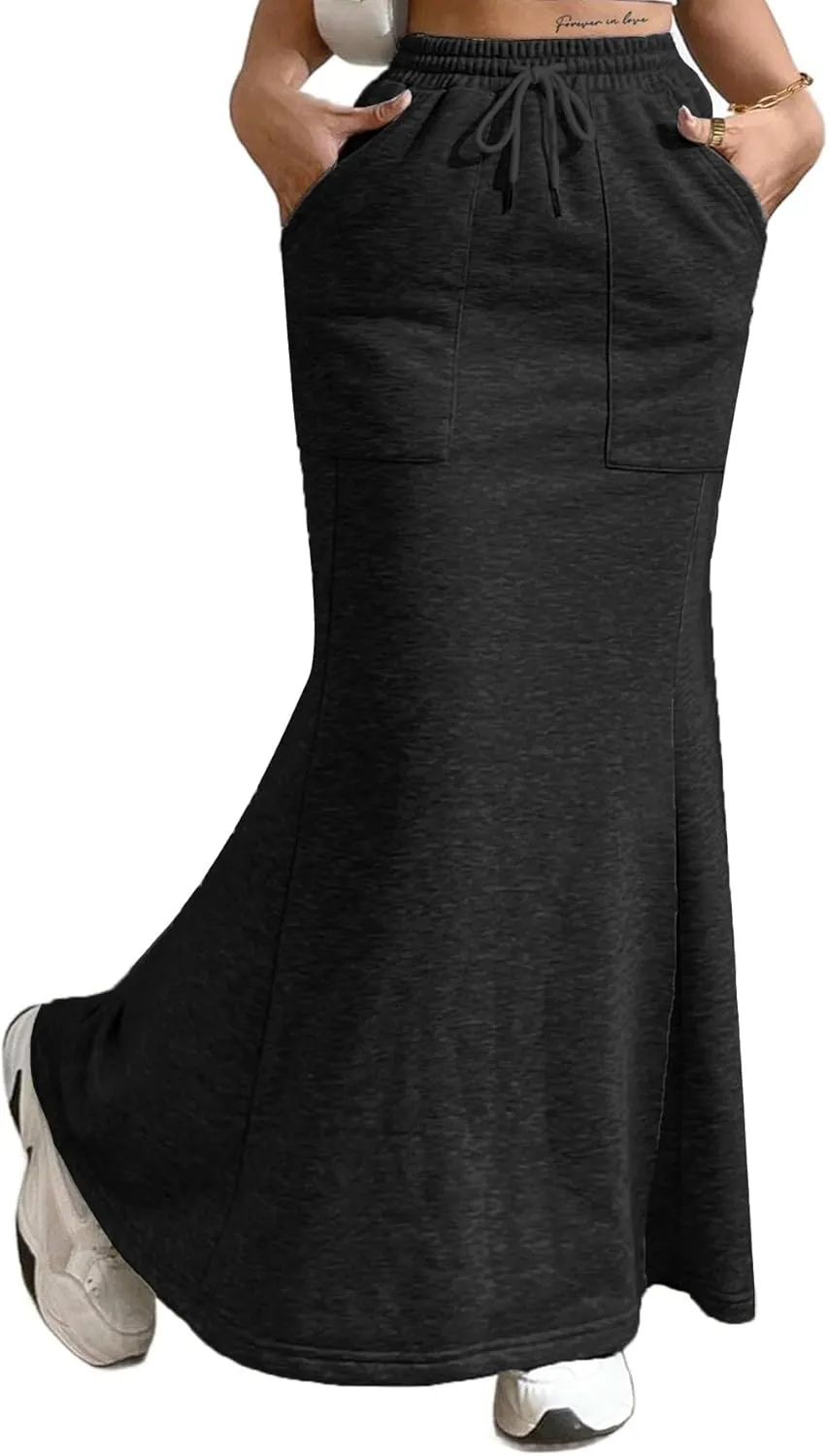 Avanova Women High Waisted Mermaid Skirt Drawstring Pocket Maxi Long Skirt