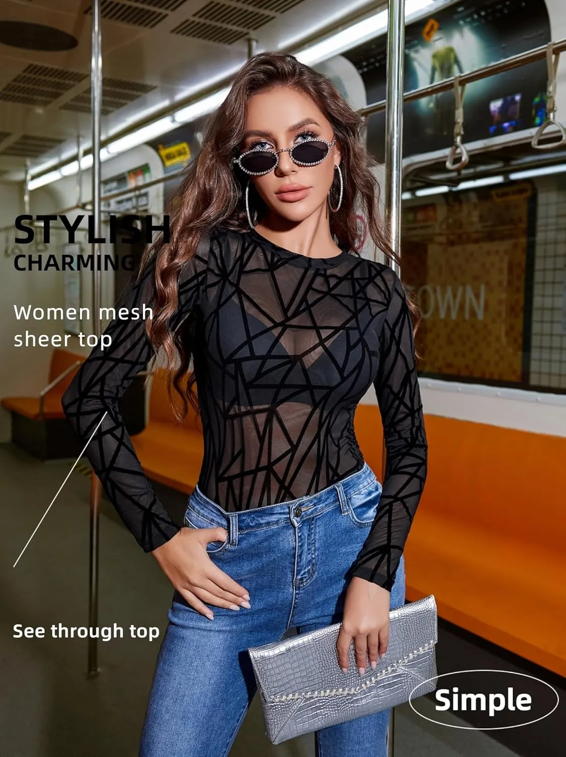 Avidlove Mesh Top for Women Long Sleeve Round Neck Tee Shirt See Through Sheer Blouse Back Hollow Drawstring Slim Fit Shirt