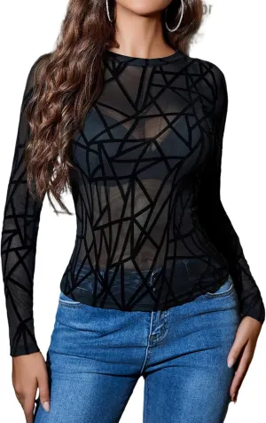 Avidlove Mesh Top for Women Long Sleeve Round Neck Tee Shirt See Through Sheer Blouse Back Hollow Drawstring Slim Fit Shirt