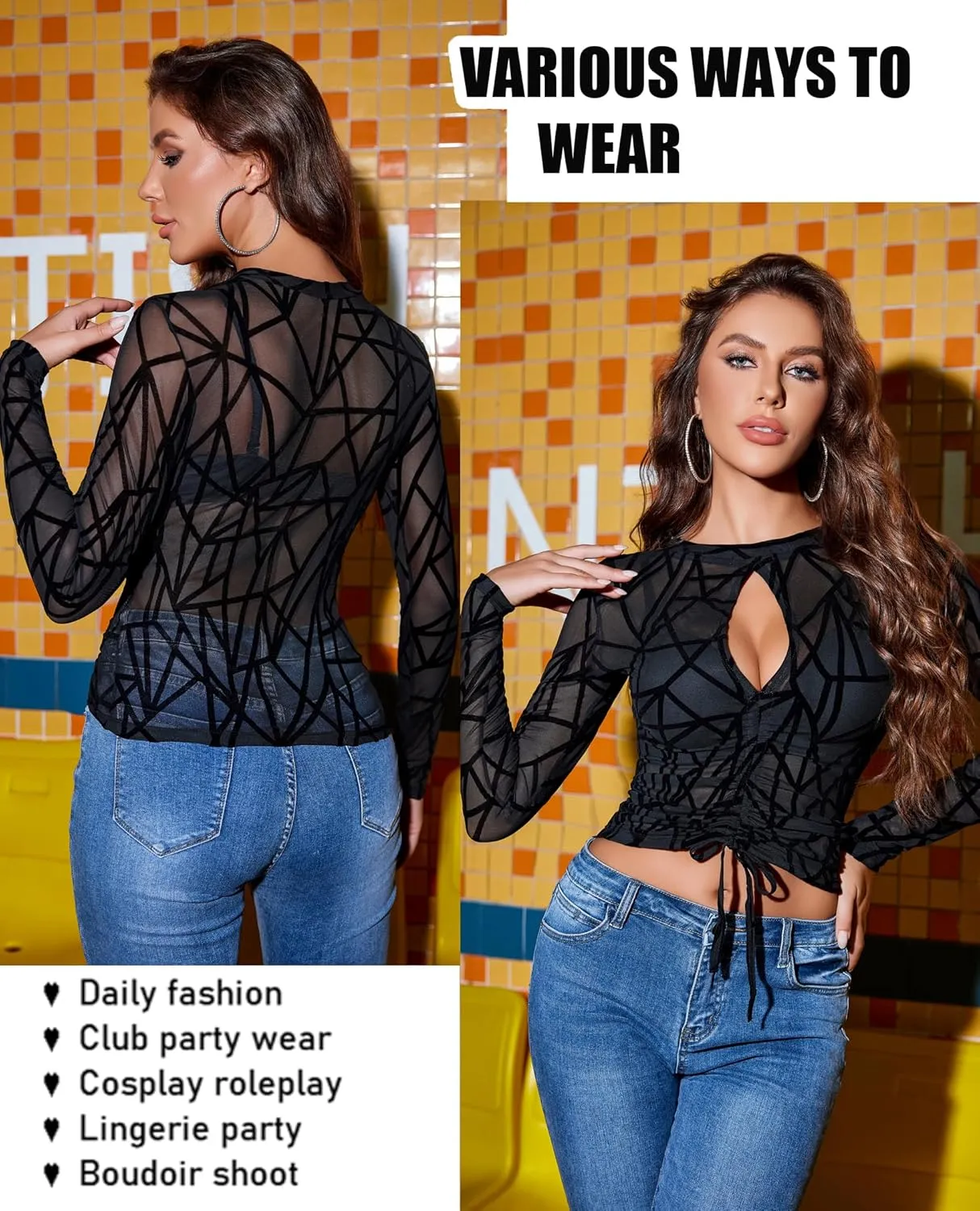 Avidlove Mesh Top for Women Long Sleeve Round Neck Tee Shirt See Through Sheer Blouse Back Hollow Drawstring Slim Fit Shirt