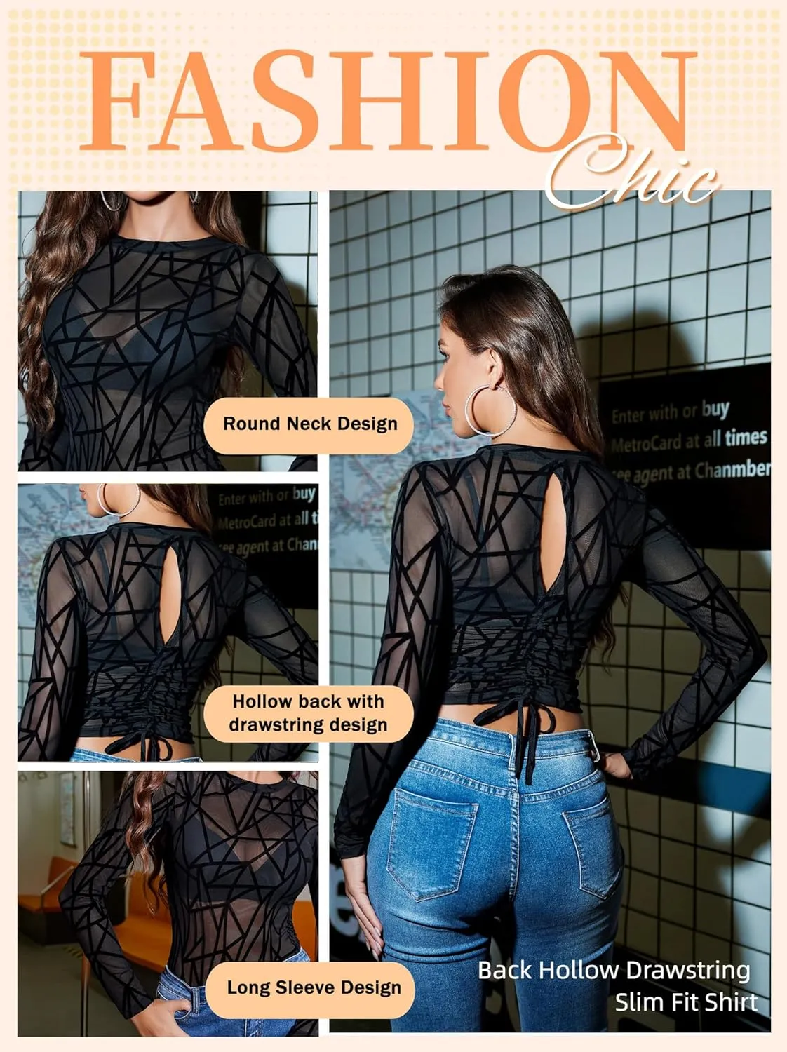 Avidlove Mesh Top for Women Long Sleeve Round Neck Tee Shirt See Through Sheer Blouse Back Hollow Drawstring Slim Fit Shirt