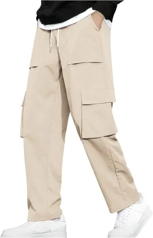 Baggy Straight Leg Cargo Pants for Men Drawstring Waist Work Pants with Pockets Spring Fashion Open Bottom Trousers