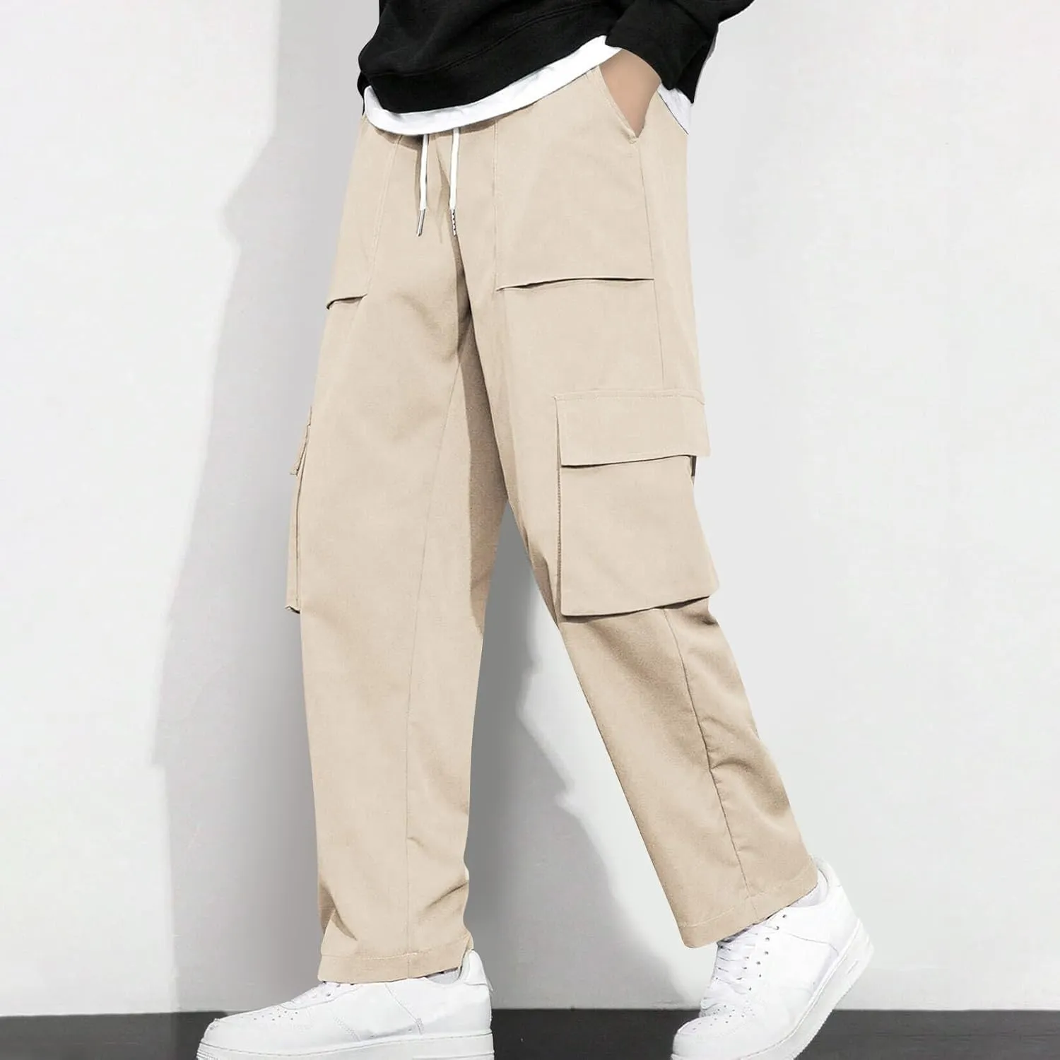 Baggy Straight Leg Cargo Pants for Men Drawstring Waist Work Pants with Pockets Spring Fashion Open Bottom Trousers