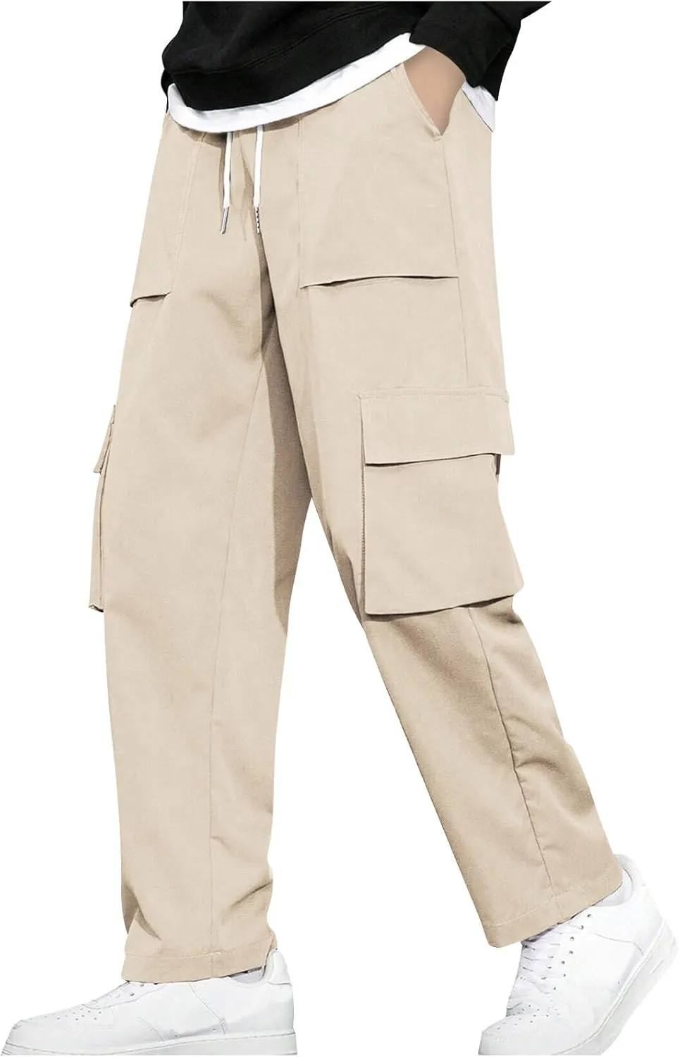 Baggy Straight Leg Cargo Pants for Men Drawstring Waist Work Pants with Pockets Spring Fashion Open Bottom Trousers