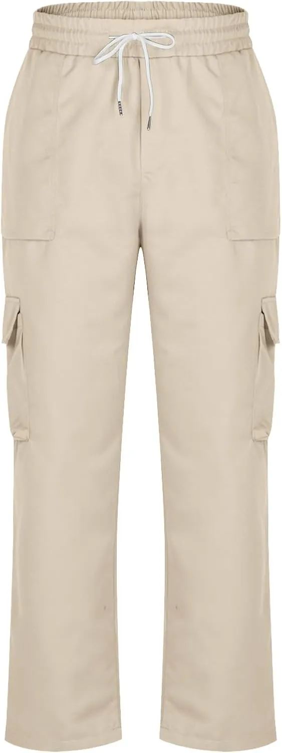 Baggy Straight Leg Cargo Pants for Men Drawstring Waist Work Pants with Pockets Spring Fashion Open Bottom Trousers