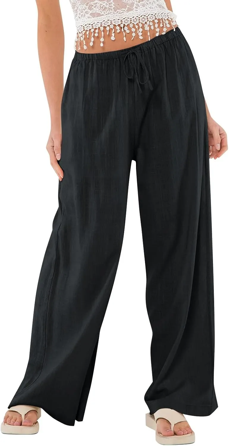 Baggy Wide Leg Linen Pants for Women Elastic High Waisted Pants Summer Beach Vacation Gauze Pants with Pockets