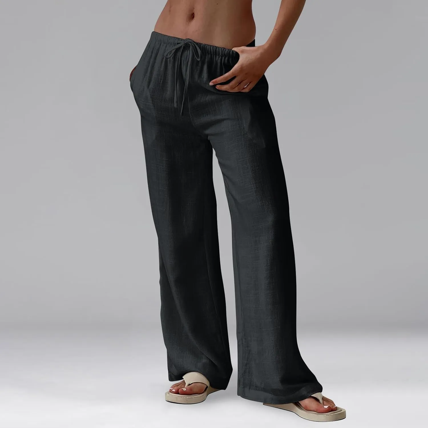 Baggy Wide Leg Linen Pants for Women Elastic High Waisted Pants Summer Beach Vacation Gauze Pants with Pockets