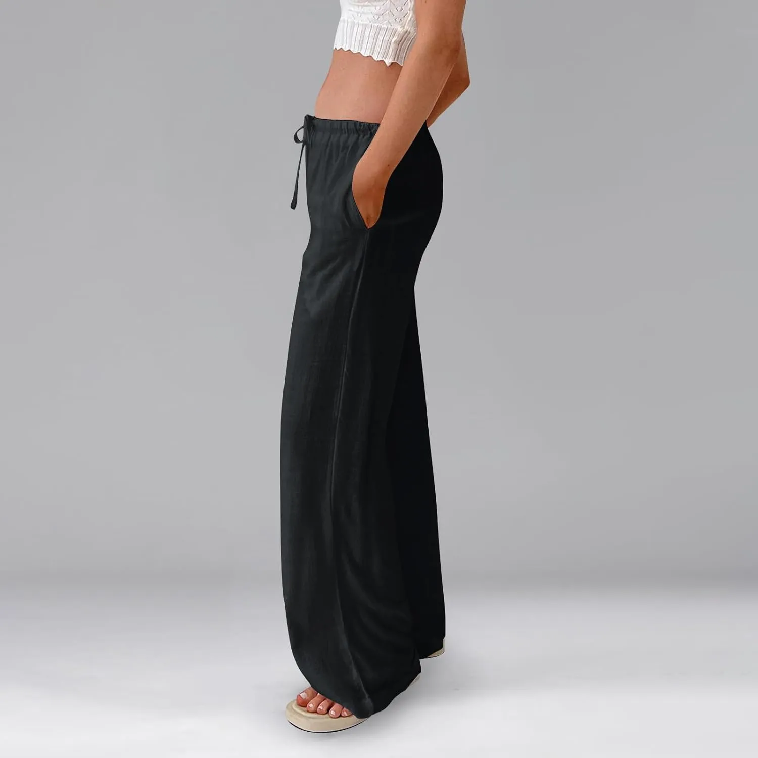 Baggy Wide Leg Linen Pants for Women Elastic High Waisted Pants Summer Beach Vacation Gauze Pants with Pockets