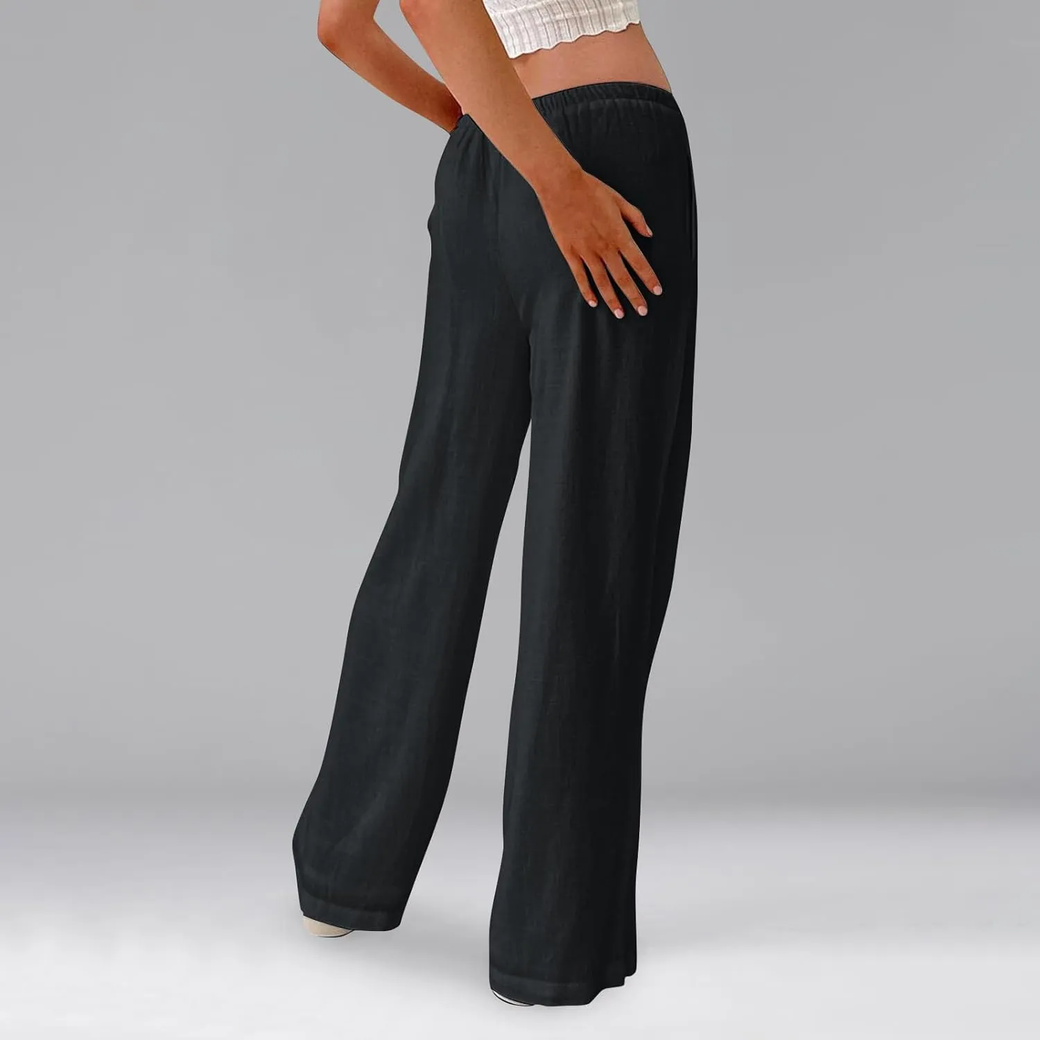 Baggy Wide Leg Linen Pants for Women Elastic High Waisted Pants Summer Beach Vacation Gauze Pants with Pockets