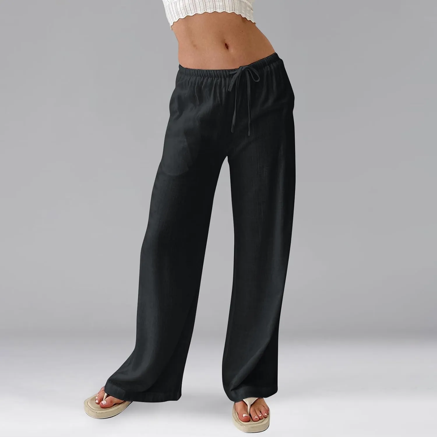 Baggy Wide Leg Linen Pants for Women Elastic High Waisted Pants Summer Beach Vacation Gauze Pants with Pockets