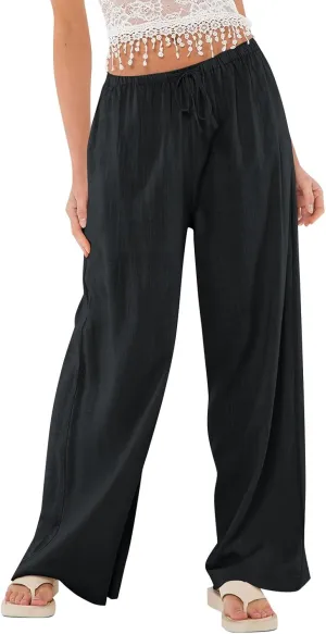 Baggy Wide Leg Linen Pants for Women Elastic High Waisted Pants Summer Beach Vacation Gauze Pants with Pockets