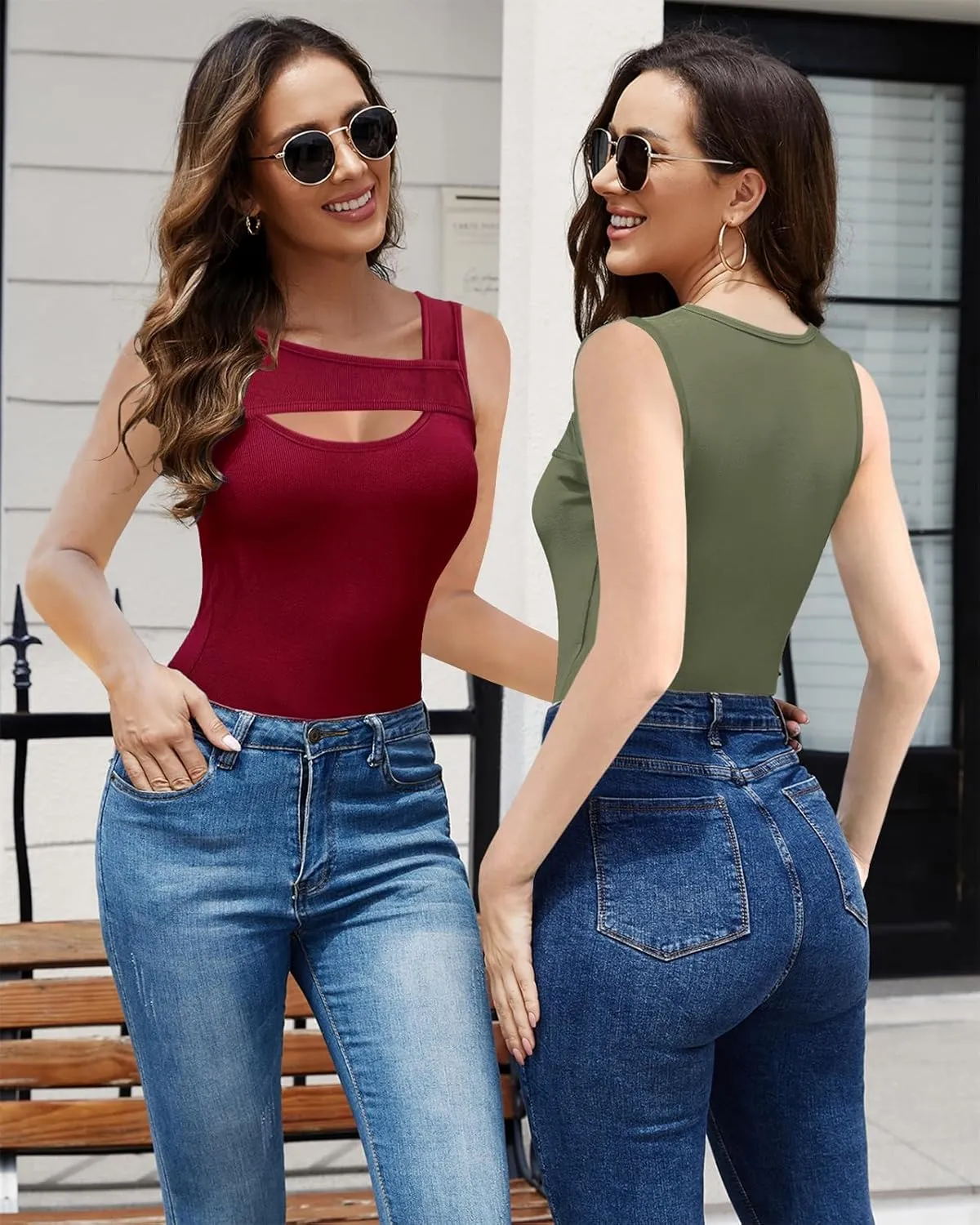 Basicspace Womens Fashion Summer Tank Tops One Piece Cutout Tshirts Sleeveless Ribbed Slim Fitted Shirts Tee
