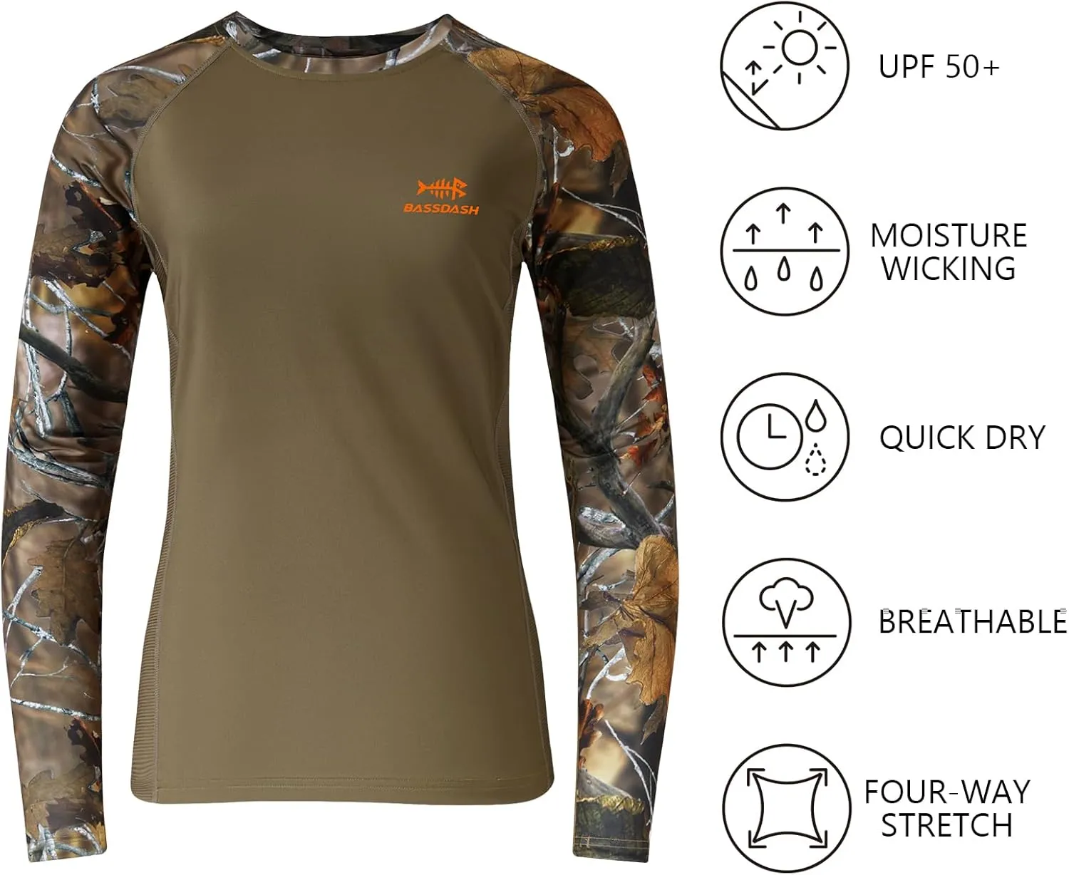 BASSDASH Womens Camo Hunting Shirt Long Sleeve UPF 50  Sun Protection Performance Tee Fishing Hiking