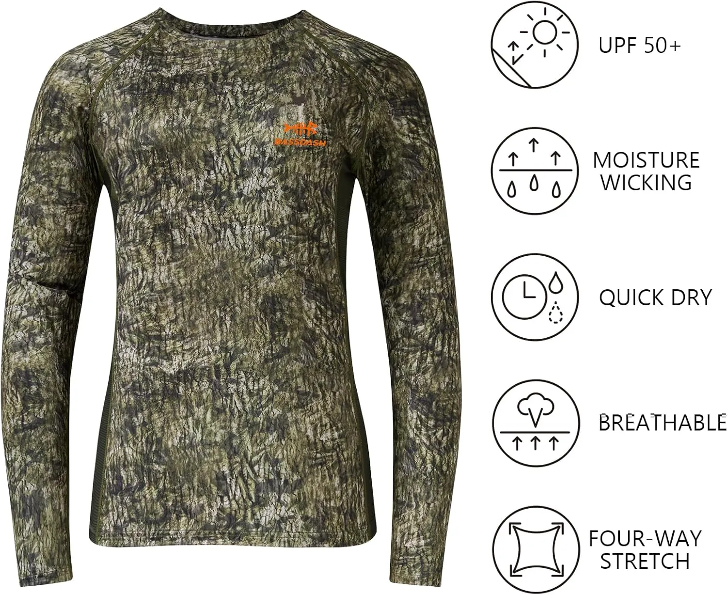 BASSDASH Womens Camo Hunting Shirt Long Sleeve UPF 50  Sun Protection Performance Tee Fishing Hiking