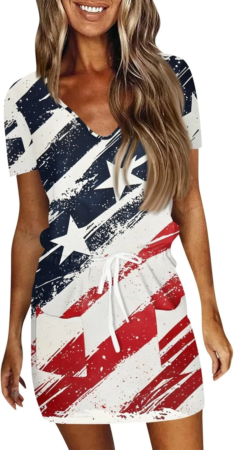 BAXLIMEK 4Th of July Dress Women,2025 Summer Trendy American Flag Mini Dress Casual V Neck Short Sleeve T Shirt Sundress