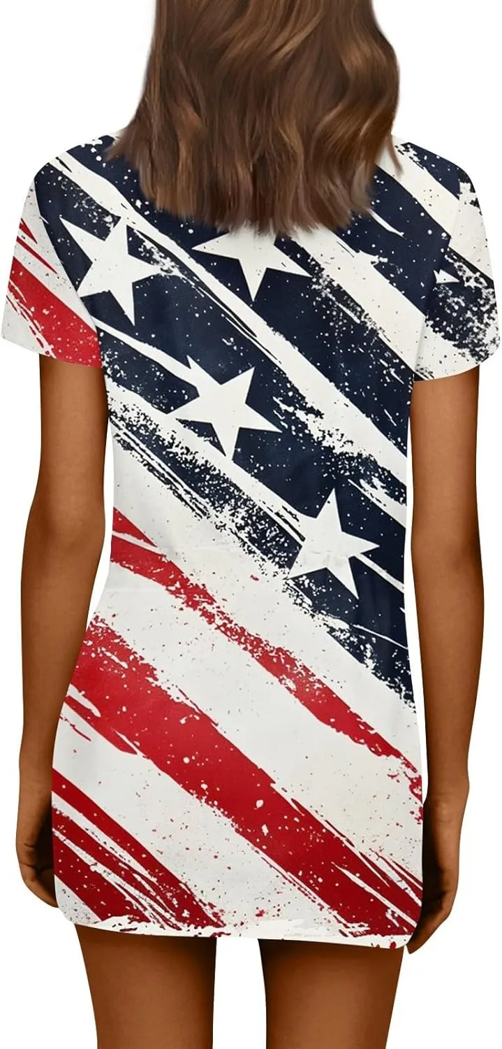 BAXLIMEK 4Th of July Dress Women,2025 Summer Trendy American Flag Mini Dress Casual V Neck Short Sleeve T Shirt Sundress
