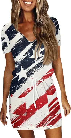 BAXLIMEK 4Th of July Dress Women,2025 Summer Trendy American Flag Mini Dress Casual V Neck Short Sleeve T Shirt Sundress
