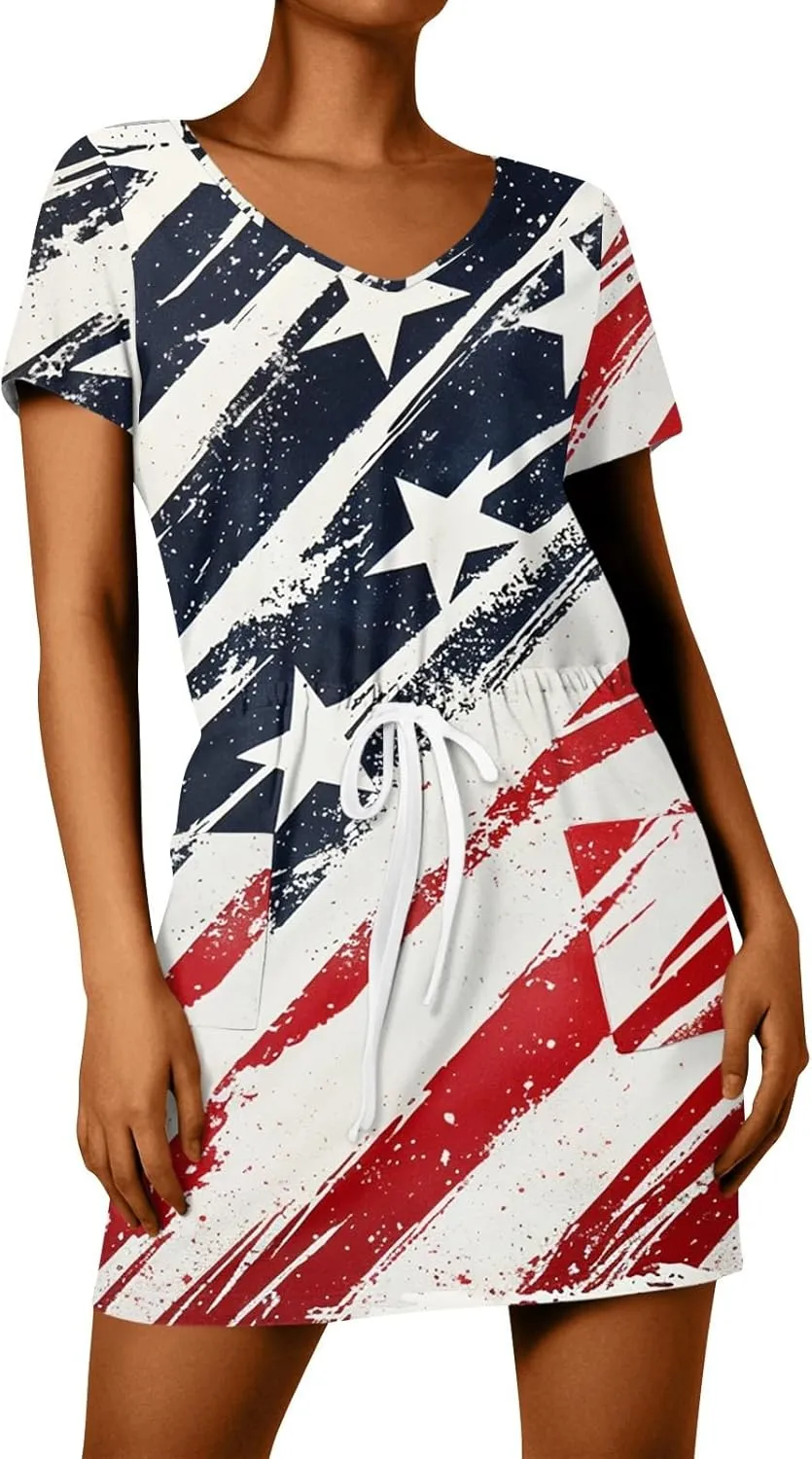 BAXLIMEK 4Th of July Dress Women,2025 Summer Trendy American Flag Mini Dress Casual V Neck Short Sleeve T Shirt Sundress