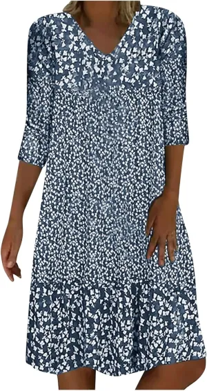 Beach Dresses for Women 3/4 Sleeve V Neck Boho Vacation Dress Loose Fit Floral Summer Casual Trendy Sundress