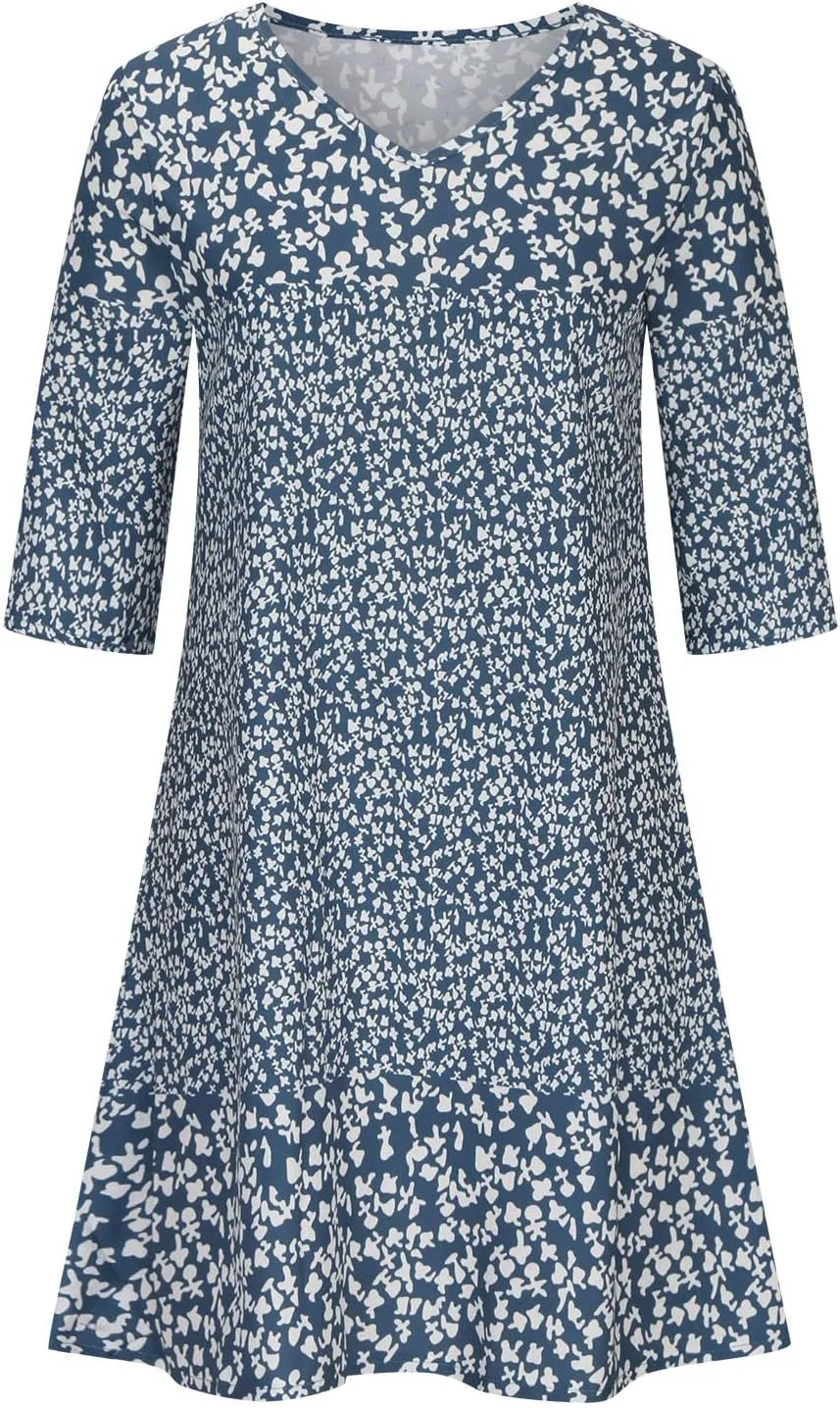 Beach Dresses for Women 3/4 Sleeve V Neck Boho Vacation Dress Loose Fit Floral Summer Casual Trendy Sundress