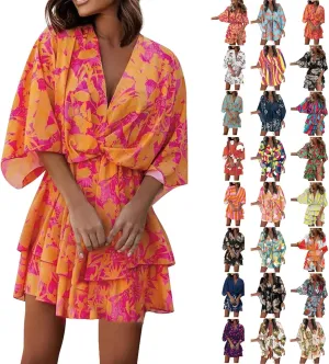 Beach Dresses for Women,2024 Summer Batwing Sleeve Floral Print Boho Dress,Casual V Neck Tiered Ruched Mini Dress