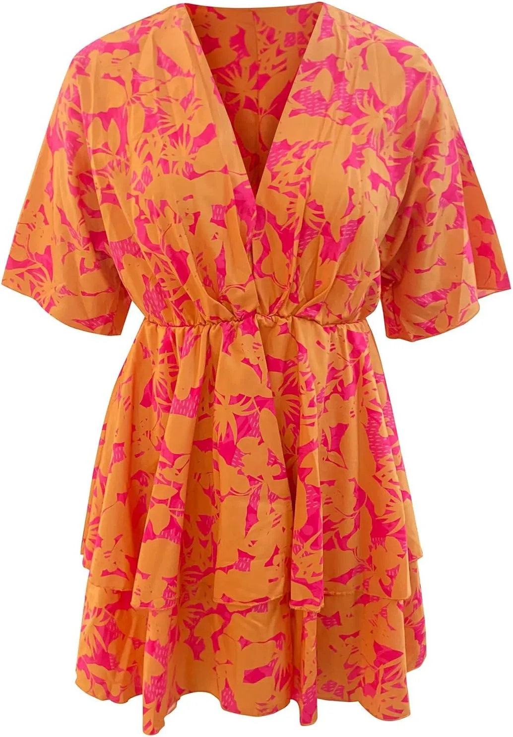 Beach Dresses for Women,2024 Summer Batwing Sleeve Floral Print Boho Dress,Casual V Neck Tiered Ruched Mini Dress