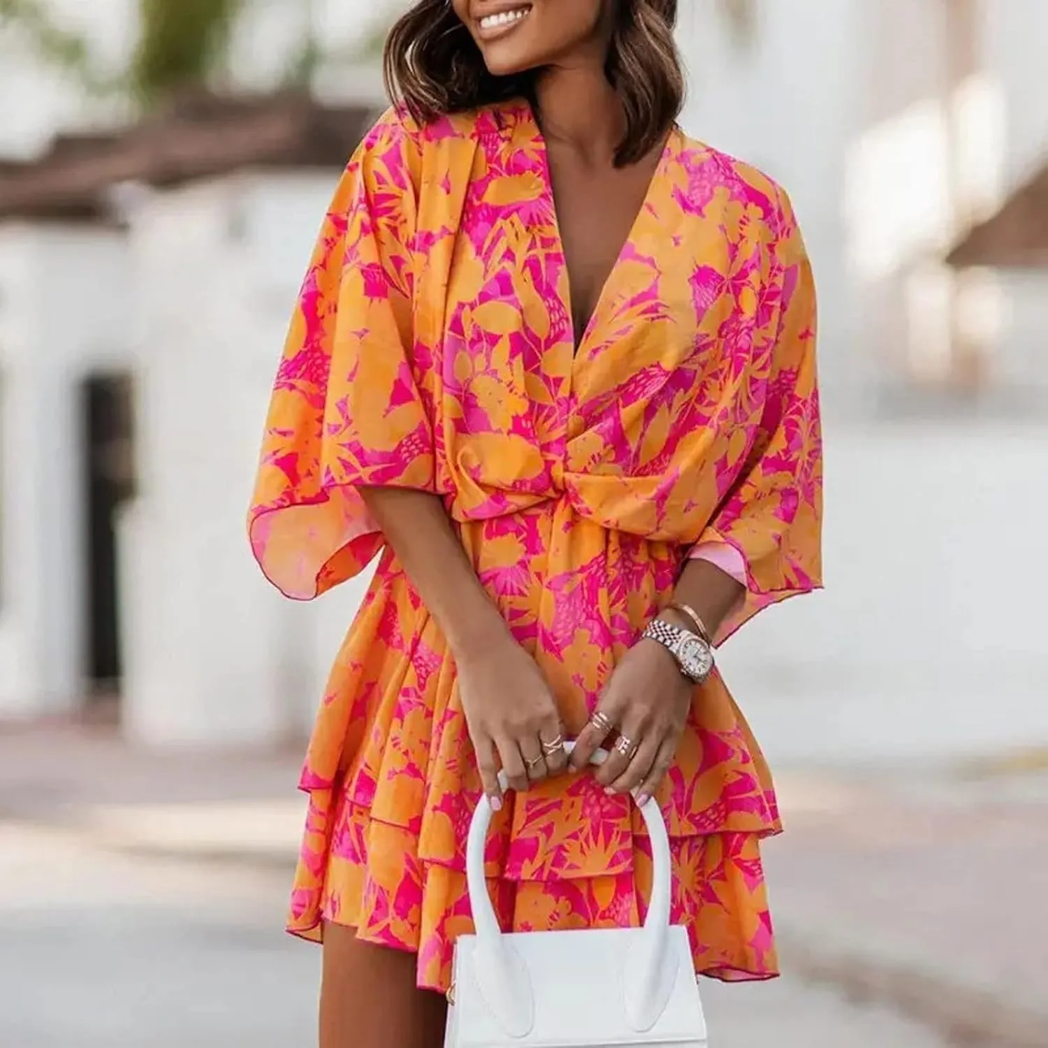Beach Dresses for Women,2024 Summer Batwing Sleeve Floral Print Boho Dress,Casual V Neck Tiered Ruched Mini Dress
