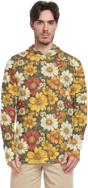 Beauty Spring Colorful Flower Men's Sun Shirt Hoodie Long Sleeve Sun Shirt with Hood UPF 50  Quick Dry Rashguard for Men Sun Proof Shirts Camisas Manga Larga para Hombre con Gorro
