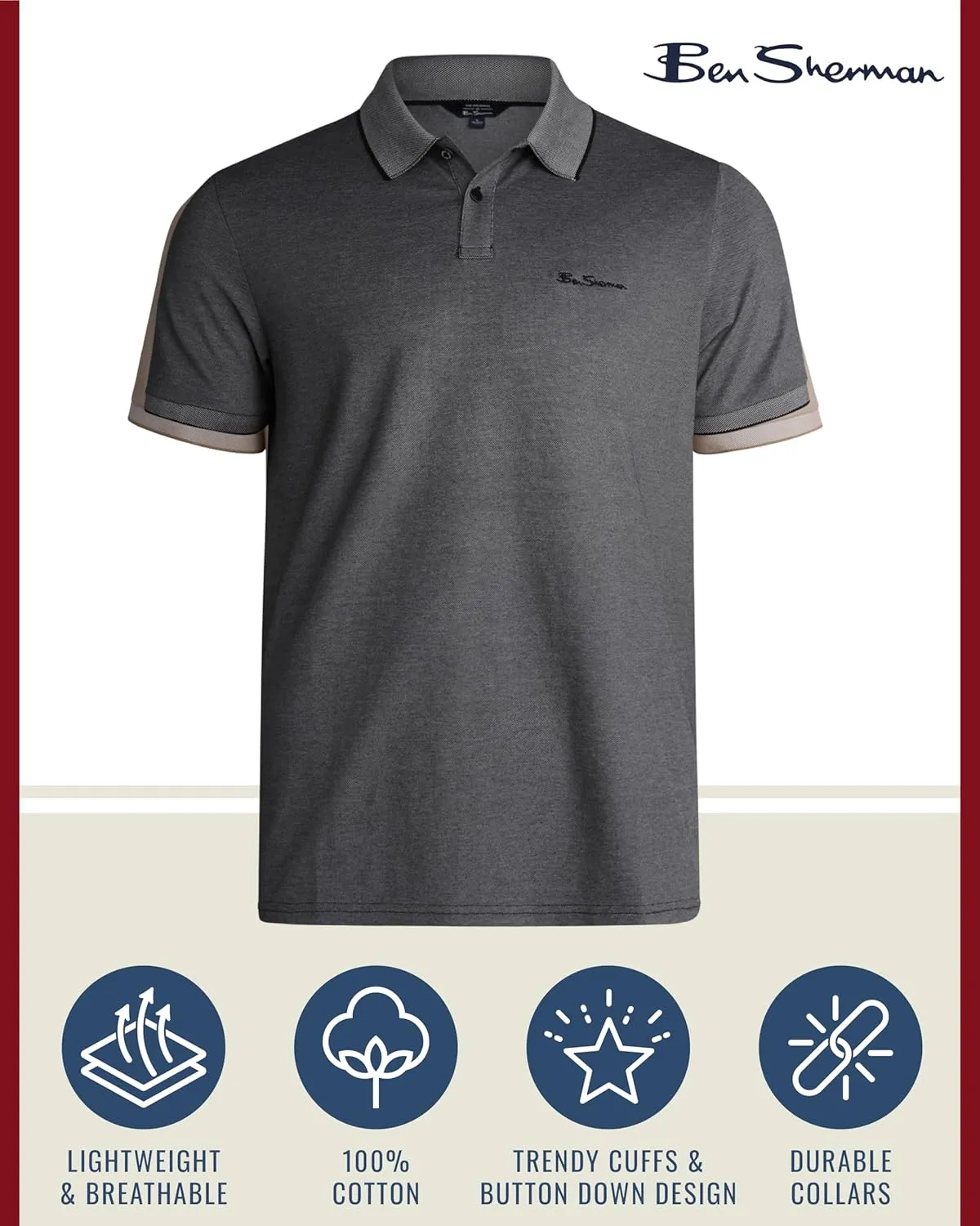 Ben Sherman Men's Polo Shirt - Regular Fit 2-Button Short Sleeve Shirt - Casual Stretch Polo for Men (S-XL)