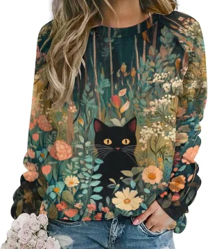 Bengbobar Tops for Women Casual Fall Plus Long Sleeve Crewneck Shirts Cute Cat Graphic Hoodies Trendy Womens Sweatshirt