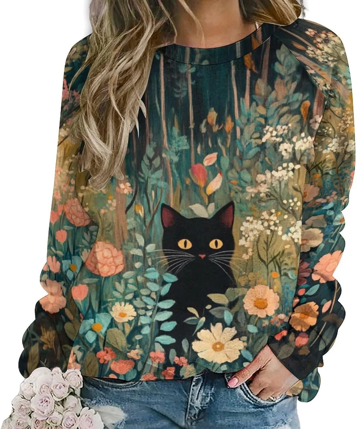 Bengbobar Tops for Women Casual Fall Plus Long Sleeve Crewneck Shirts Cute Cat Graphic Hoodies Trendy Womens Sweatshirt