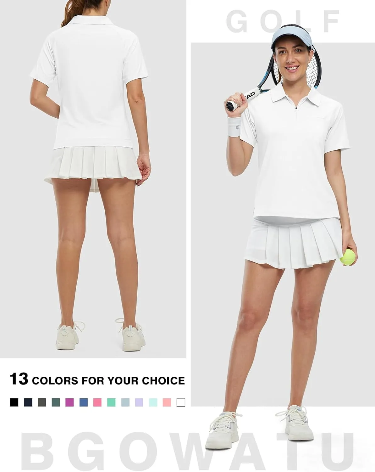 BGOWATU Women's Short Sleeve Golf Polo Shirts 1/4 Zip Tennis Tops Collared T-Shirts UV Protection Quick Dry