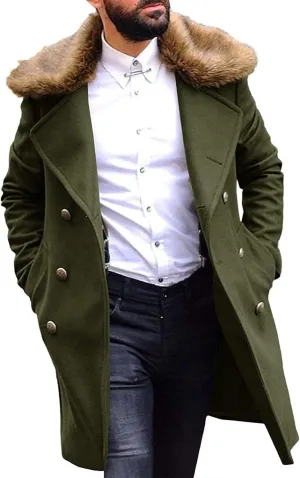 Big and Tall Trench Overcoats for Men Double Breasted Mid Length Pea Coats Faux Fur Collar Business Work Trench Coats