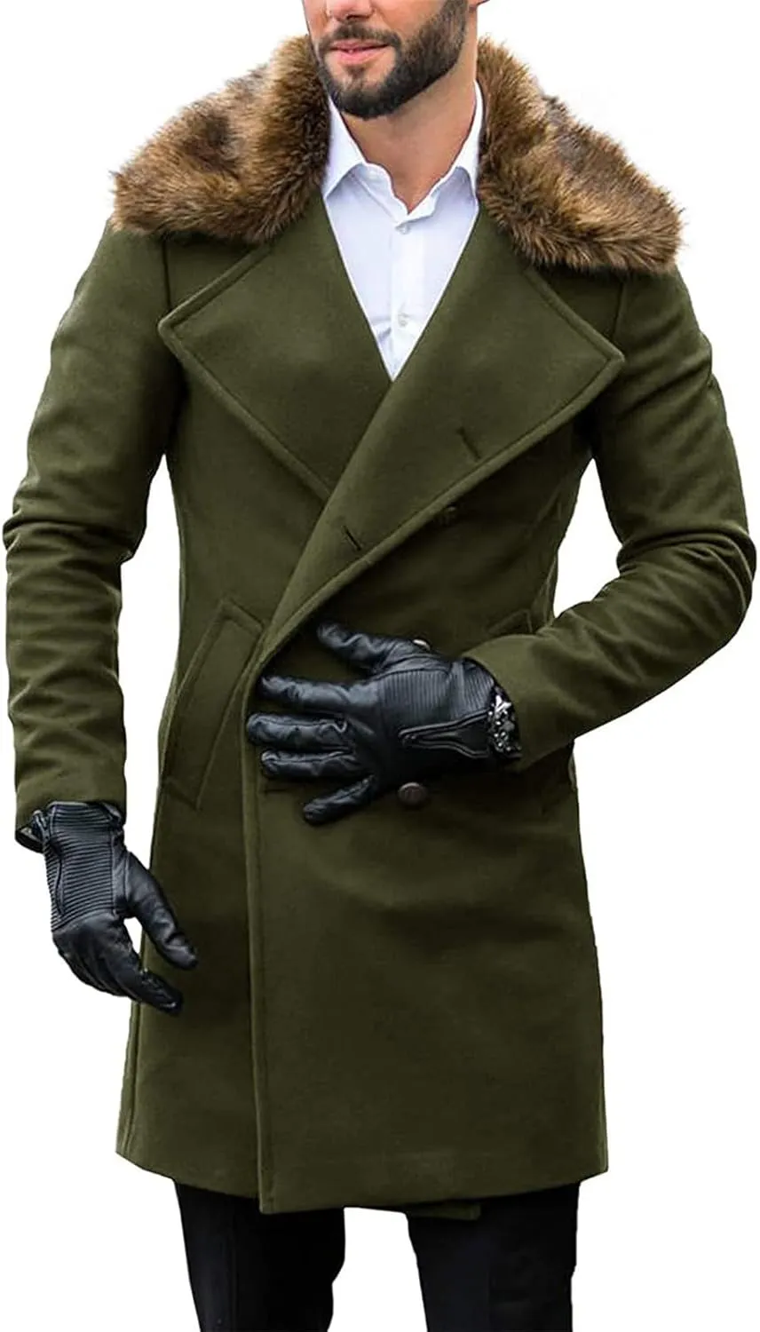 Big and Tall Trench Overcoats for Men Double Breasted Mid Length Pea Coats Faux Fur Collar Business Work Trench Coats