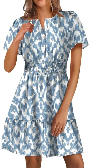 Boho Dresses for Women Summer Casual Short Sleeve V Neck A Line Mini Dress Smocked Tiered Beach Sundress
