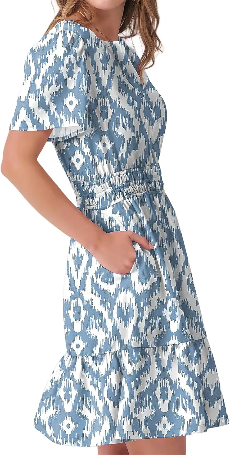Boho Dresses for Women Summer Casual Short Sleeve V Neck A Line Mini Dress Smocked Tiered Beach Sundress