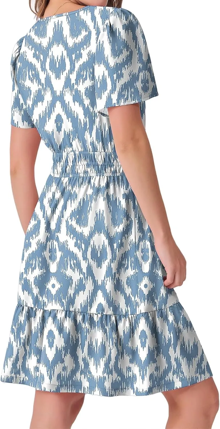 Boho Dresses for Women Summer Casual Short Sleeve V Neck A Line Mini Dress Smocked Tiered Beach Sundress
