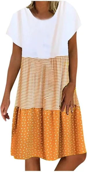 Boho Dresses for Women Trendy 2024 Casual Short Sleeve Summer Tshirt Dress Plus Size Color Block Swing Midi Sundress