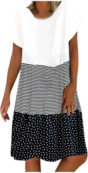 Boho Dresses for Women Trendy 2024 Casual Short Sleeve Summer Tshirt Dress Plus Size Color Block Swing Midi Sundress