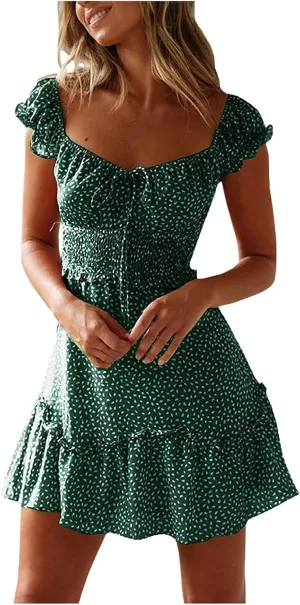 Boho Floral Dress for Women Cap Sleeve Summer Smocked Mini Dresses Elegant Square Neck Ruffle Short Party Sundress