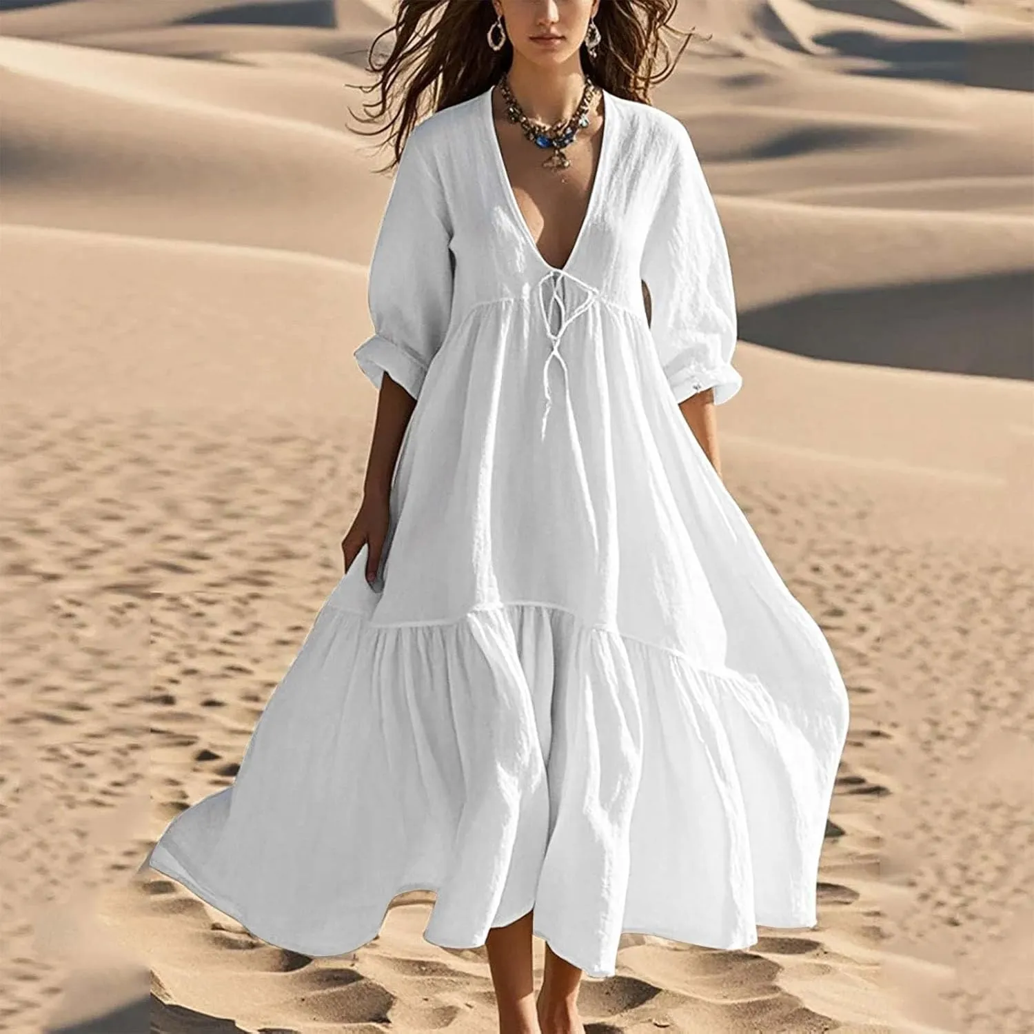 Boho Summer Dresses for Women Casual V Neck Beach Flowy Sundress Ladies Fashion Vacation Cotton Linen Maxi Dress