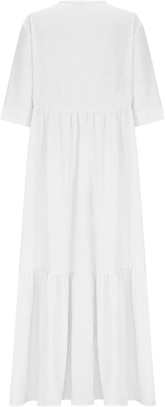 Boho Summer Dresses for Women Casual V Neck Beach Flowy Sundress Ladies Fashion Vacation Cotton Linen Maxi Dress