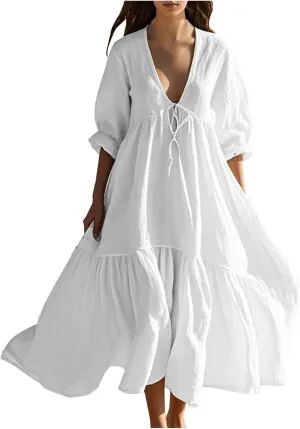 Boho Summer Dresses for Women Casual V Neck Beach Flowy Sundress Ladies Fashion Vacation Cotton Linen Maxi Dress