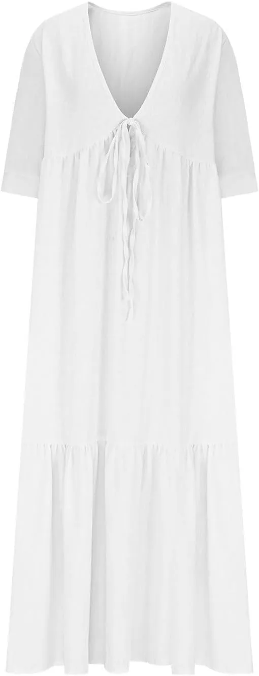 Boho Summer Dresses for Women Casual V Neck Beach Flowy Sundress Ladies Fashion Vacation Cotton Linen Maxi Dress