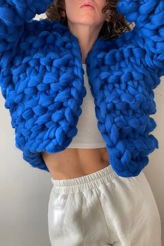 Bonita Chunky Cropped Knit Cardigan - Cobalt Blue