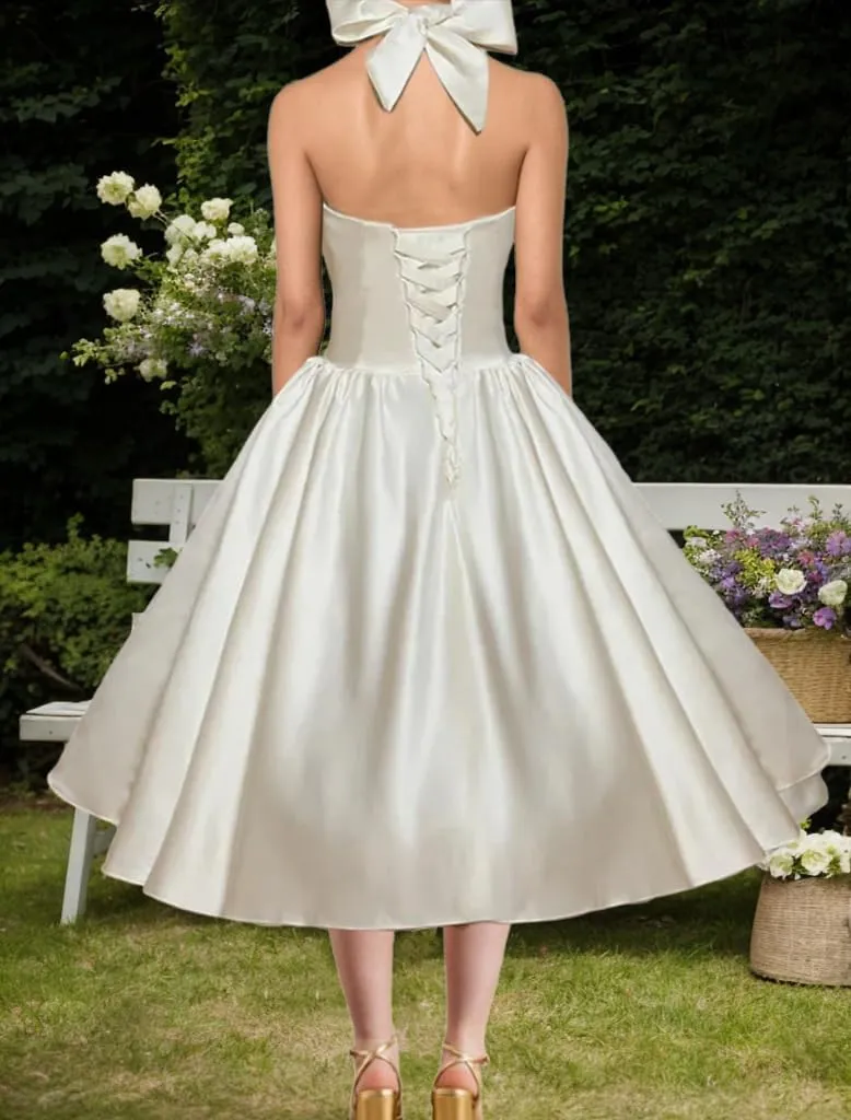 Bow Tie Halter Short Prom Dress Ball Gown Tea Length Sweetheart Wedding Dresses for Bride A Line Midi Bridal Gowns