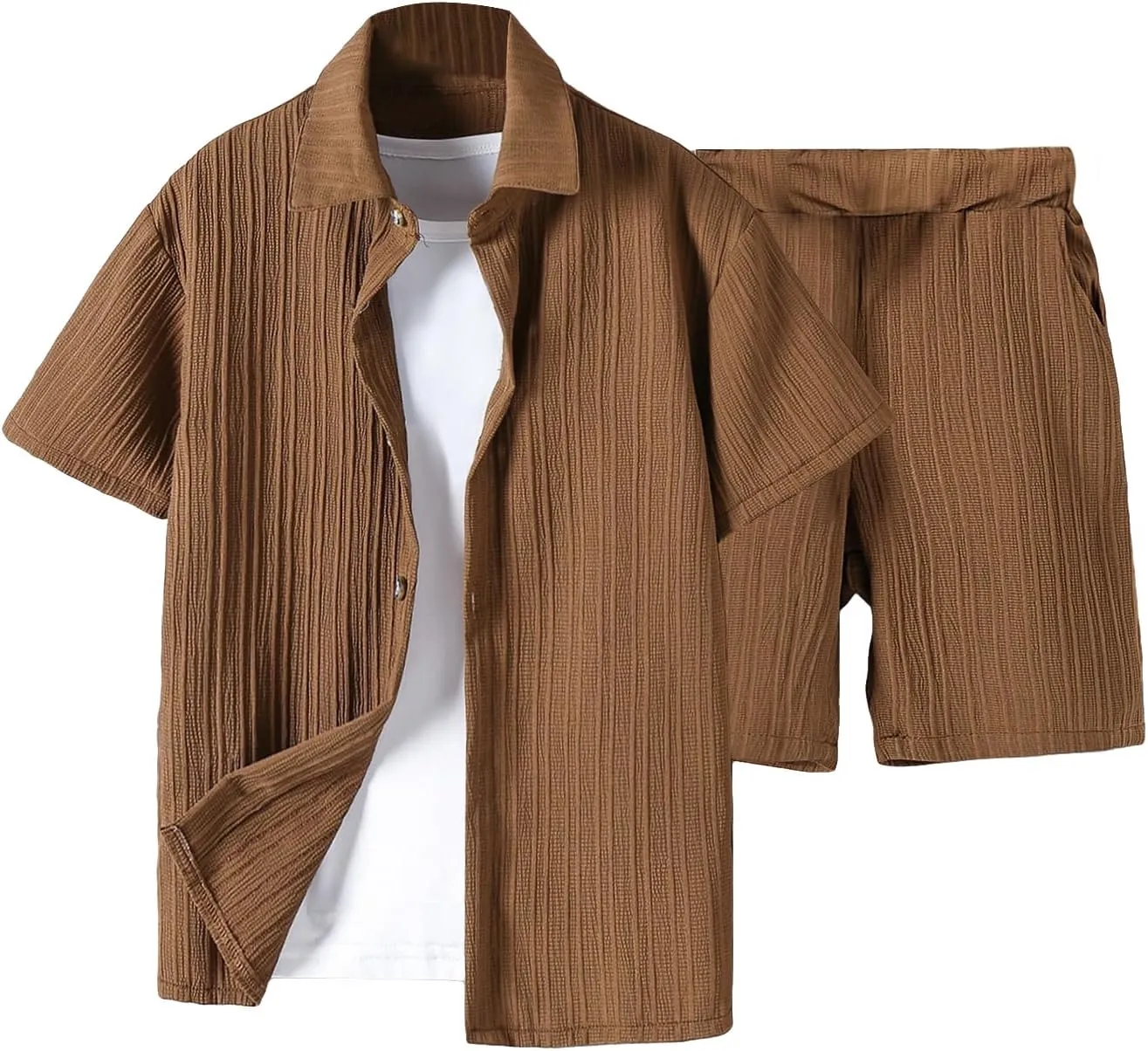 Boy's 2 Piece Solid Textured Short Sleeve Collar Neck Button Front Blouse Shirt Top and Shorts Sets Without T-shirt