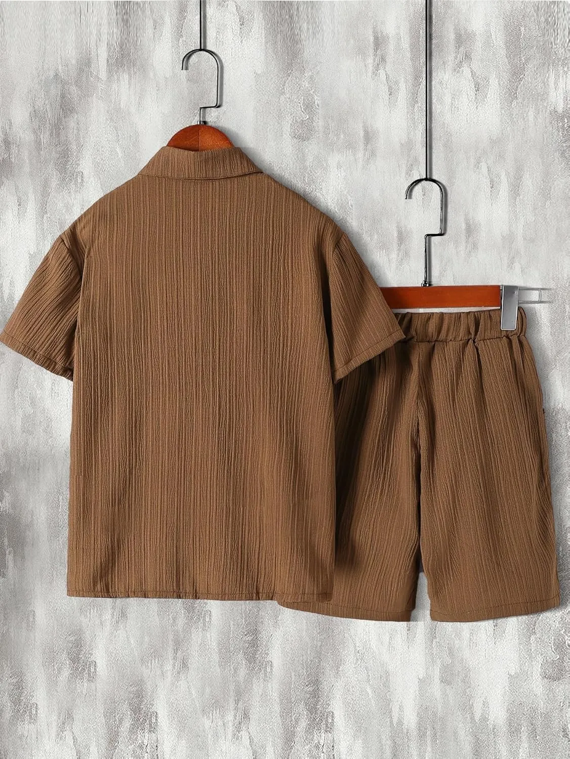 Boy's 2 Piece Solid Textured Short Sleeve Collar Neck Button Front Blouse Shirt Top and Shorts Sets Without T-shirt