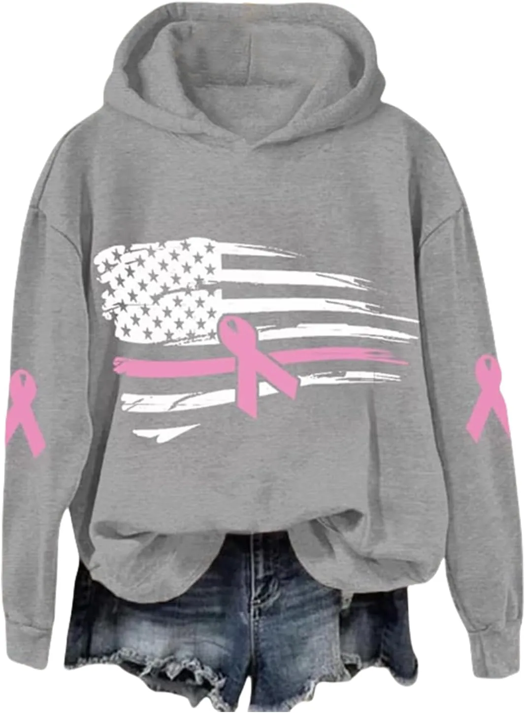 Breast Cancer Awareness Hoodies Women Pink Ribbon American Flag Sweatshirt Casual Long Sleeve Pullover Tops with Hood